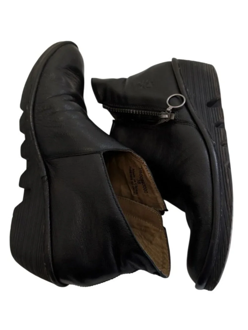 Fly London Poro Y2K Black Leather Wedge Zip Ankle Boots Booties Size 38 US 7.5